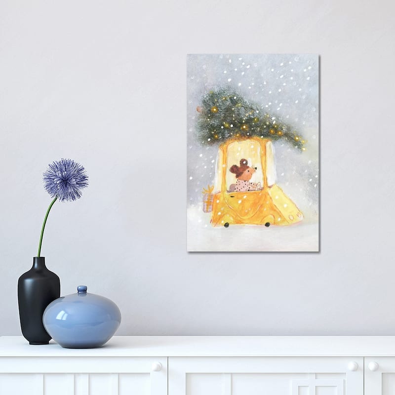 iCanvas "Little Mouse Carrying Christmas Tree On The Top Of The Car" by Natalia Shaloshvili Canvas Print - 18x12x1.5