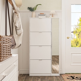 White Shoe Cabinet with Full-Length Mirror Stylish Vertical Storage