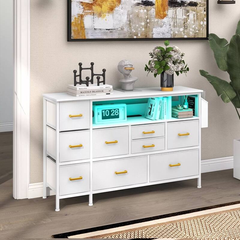 55'' TV Stand Fabric Dresser with 9 Drawers with Power Outlet - 50 inches