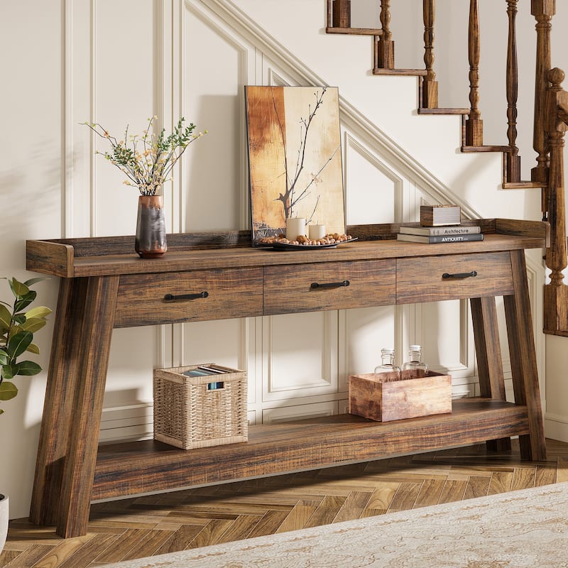 70.9-Inch Sofa Console Table with 3 Drawers, 2-Tier Entryway Table - RusticBrown - Wood