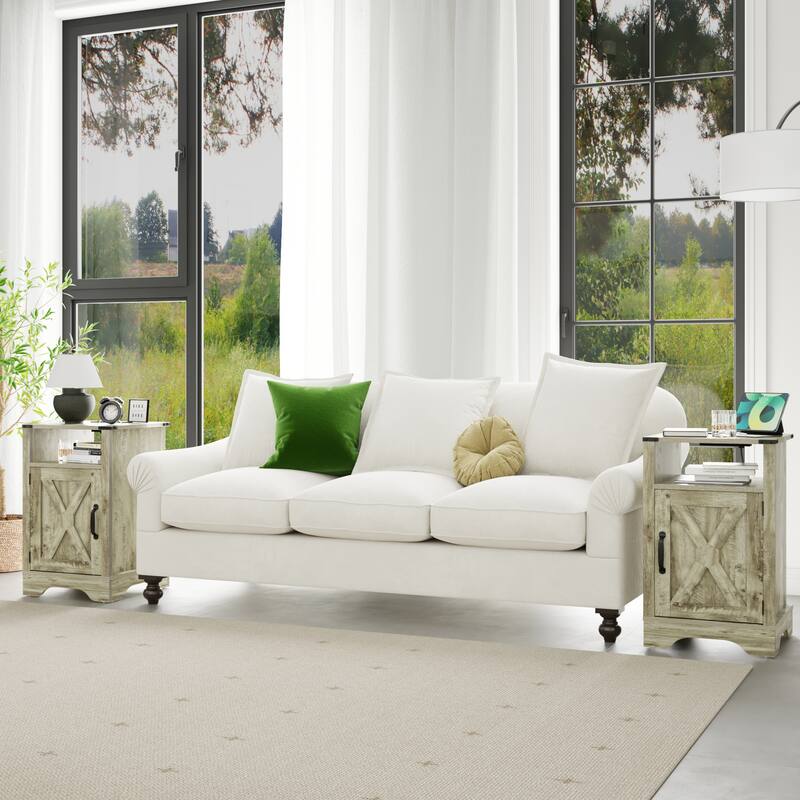 Rustic Wooden Nightstand with Charging Station, 2 Sets, Light Gray