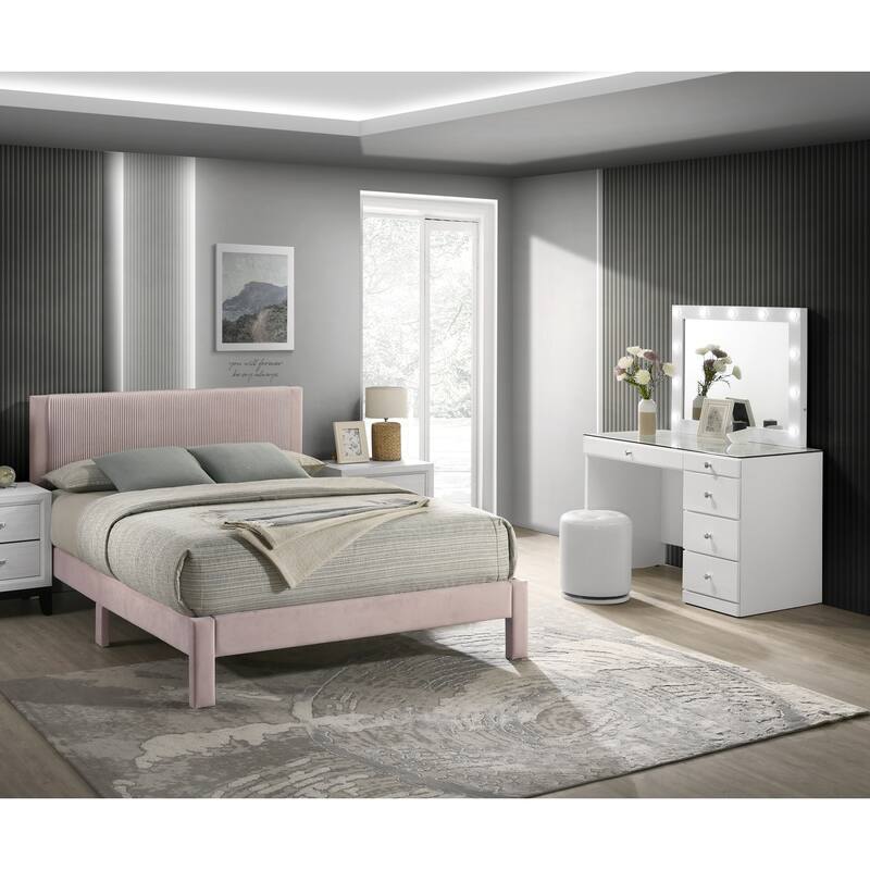 Twin Size Plush Upholstered Ribbed Headboard Platform Bed in Pink for Contemporary Bedroom