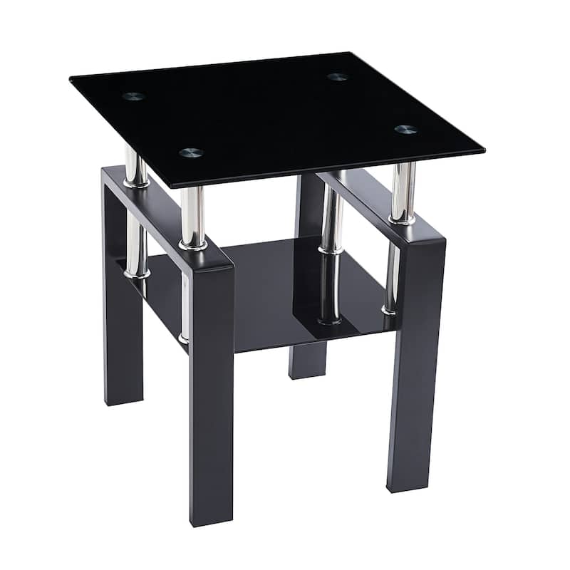 HomeRoots Set of Two Black Glass and Metal Square End Tables With Shelf - 17.72 in. x 20.48 in. x 17.72 in.