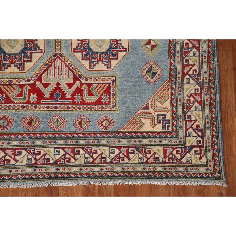 Blue Geometric Kazak Area Rug Handmade Oriental Wool Carpet - 6'0" x 9'8"