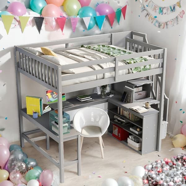 slide 2 of 18, White Full Size Loft Bed with Built-in L-Shaped Desk and 3-Tier Storage Shelves Grey