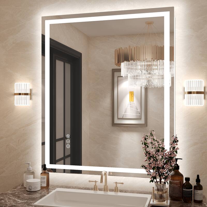 Frameless LED Front Light and Backlit 3 Colors Dimmable Anti-Fog Wall Bathroom Vanity Mirror - 36" x 30"-Square Corner