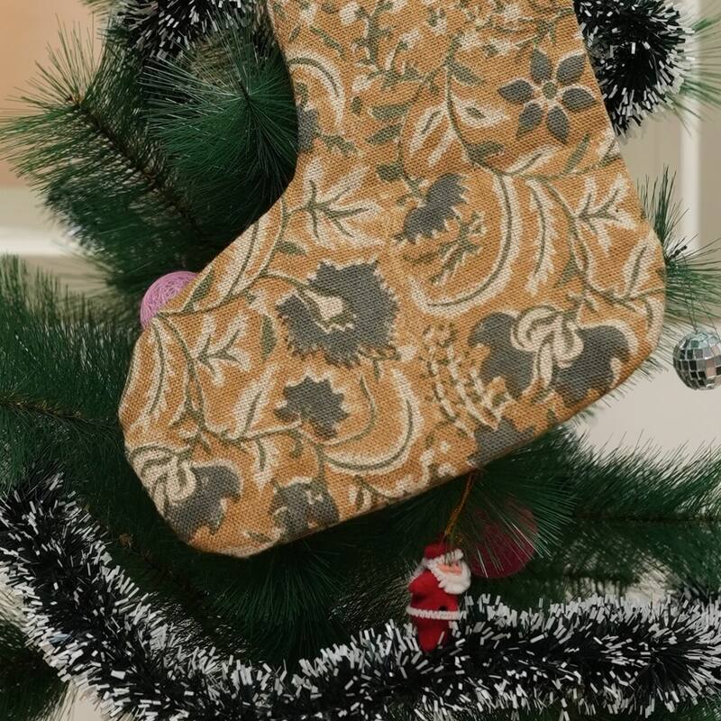 Fabdivine Linen or Cotton Hand Block Home Decorative Christmas Stockings - 16"X6.5" - Kundanvan- Mustard, Dark Grey - Christmas Stockings