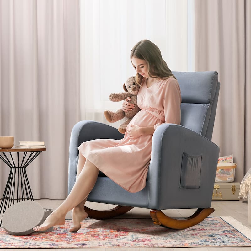 AVAWING Mid Century Nursery Rocking Chair Upholstered Velvet High Back Armchair - Grey
