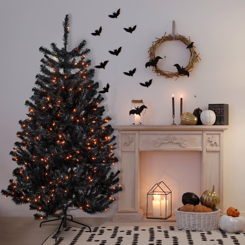 6ft Black Noble Spruce Artificial Halloween Tree, Orange Lights