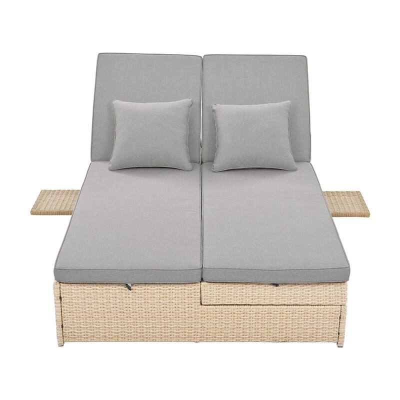 Brown PE Rattan Outdoor Double Sunbed with Adjustable Backrest and Seat