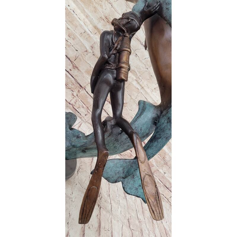 Scuba Diver Imitative Dolphin Real Bronze Sculpture Statue Original Numbered Art By Marius