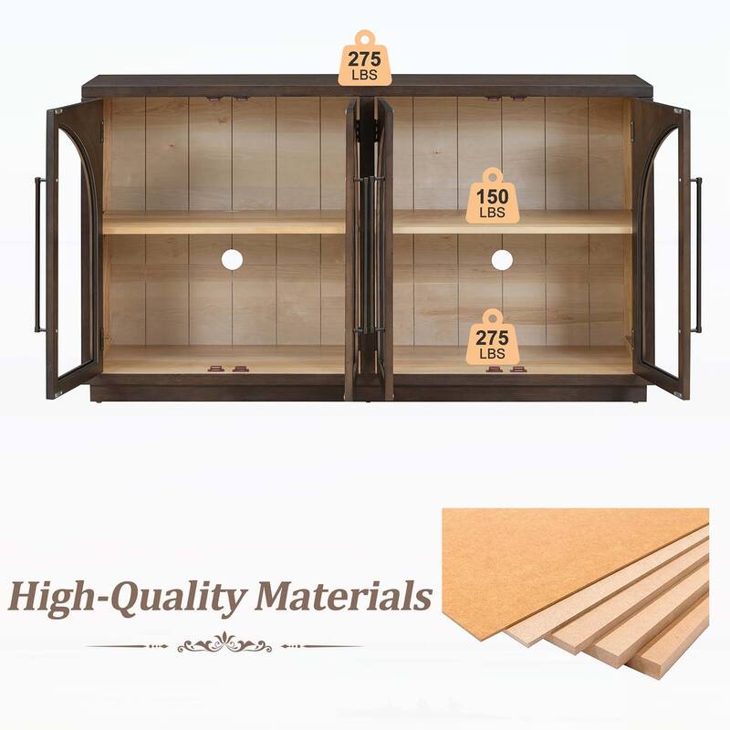 4-Door Large Storage Sideboard Buffet Cabinet with Glass Doors and Arched Design