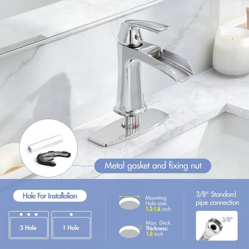 Single hole 1-handle Waterfall Handle Bathroom Sink Faucet with Drain with Deck Plate