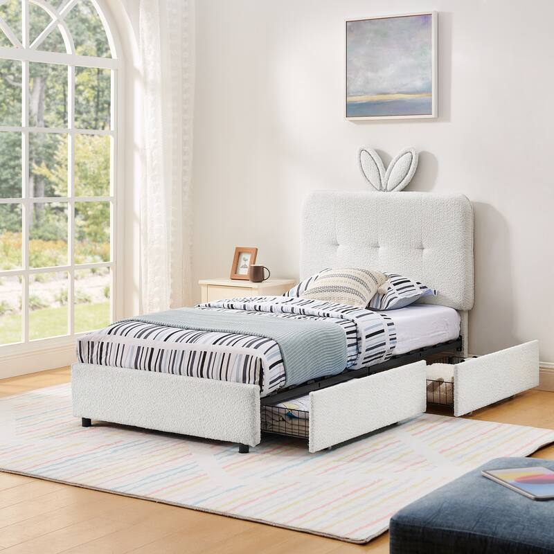 Kids Boucle Upholstered Bed with Rabbit Ear Headboard, LED Music Sync & 4 Drawers