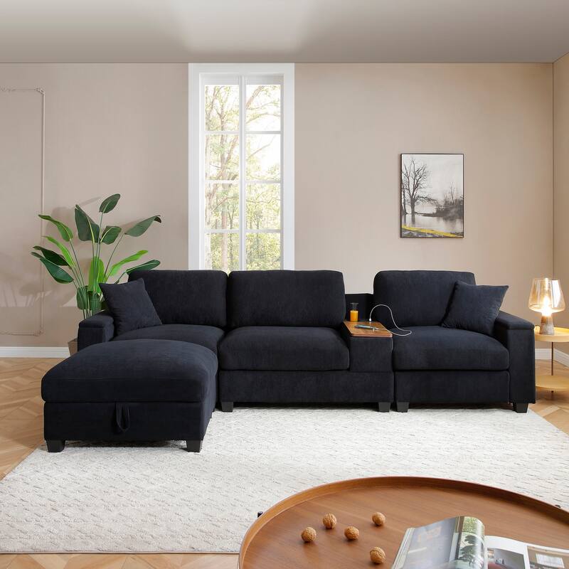 120.3" L-Shaped Sectional Sofa with Wide Seats, USB Charging, Foldable 360掳 Tray, Cup Holders, Storage Ottoman & Armrest