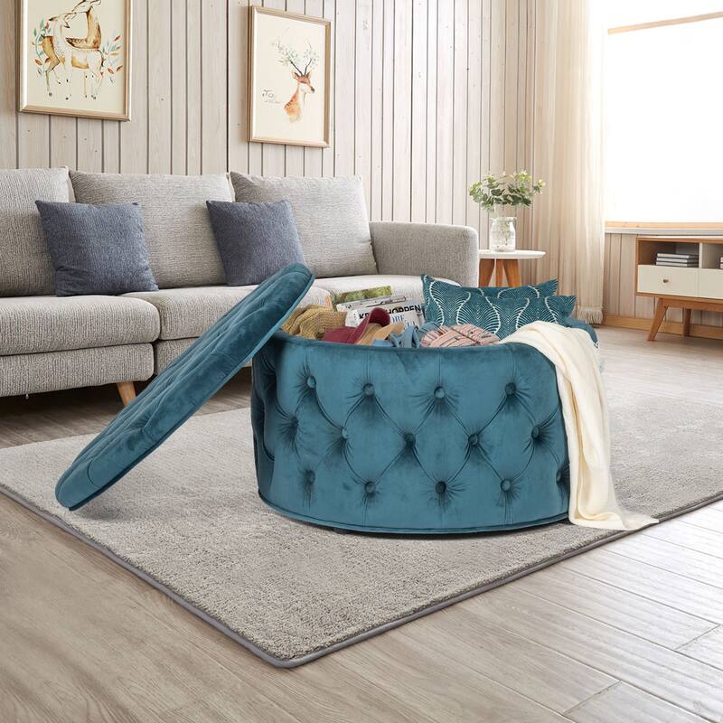 Adeco Round Storage Ottoman Button Tufted Footrest Stool Bench