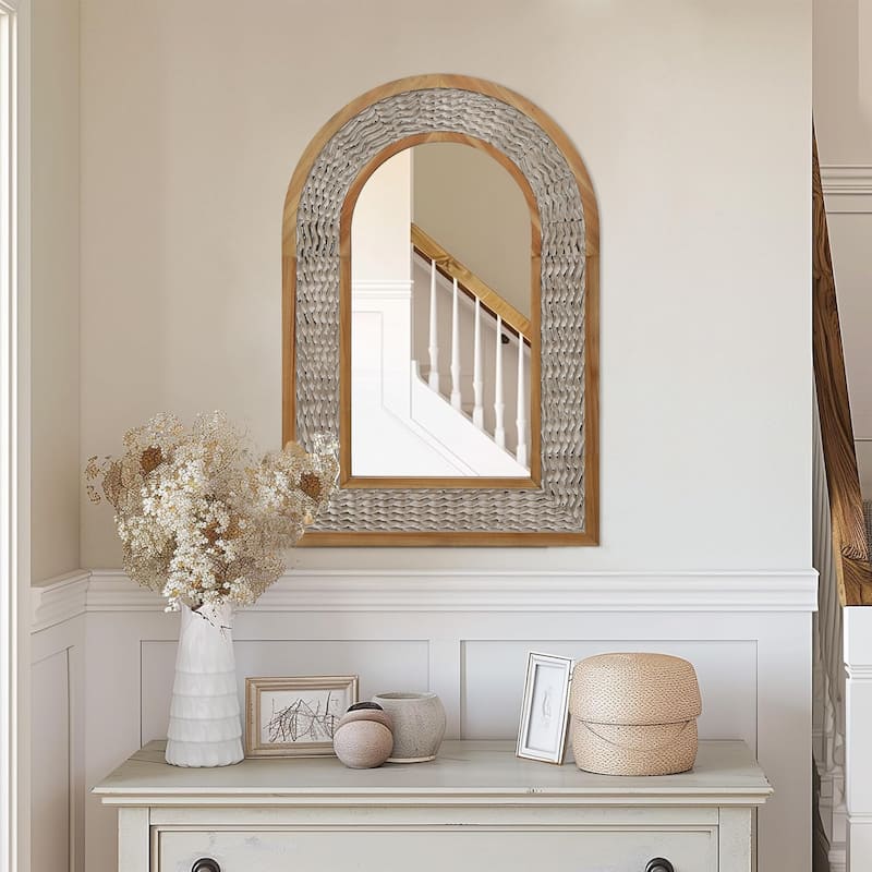 Rustic Farmhouse Wall Mirror, Natural Wood Decorative Vanity Mirror for Bedroom, Living Room, Bathroom, Entryway