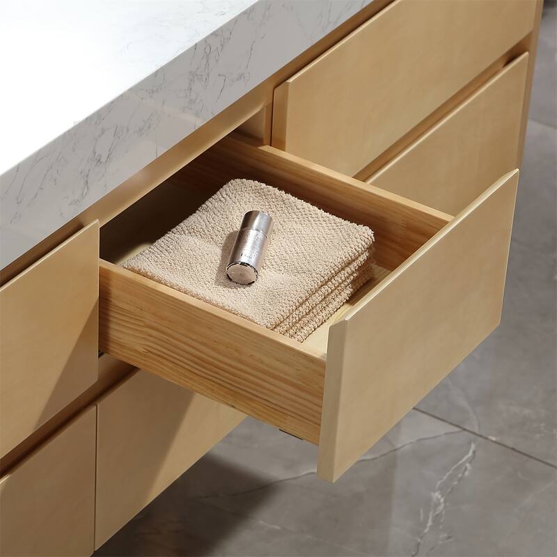 48 in./ 60 in. Solid Wood Wall-Mounted Bathroom Vanity Set in Maple with Engineered Stone Top and Ceramic Sink
