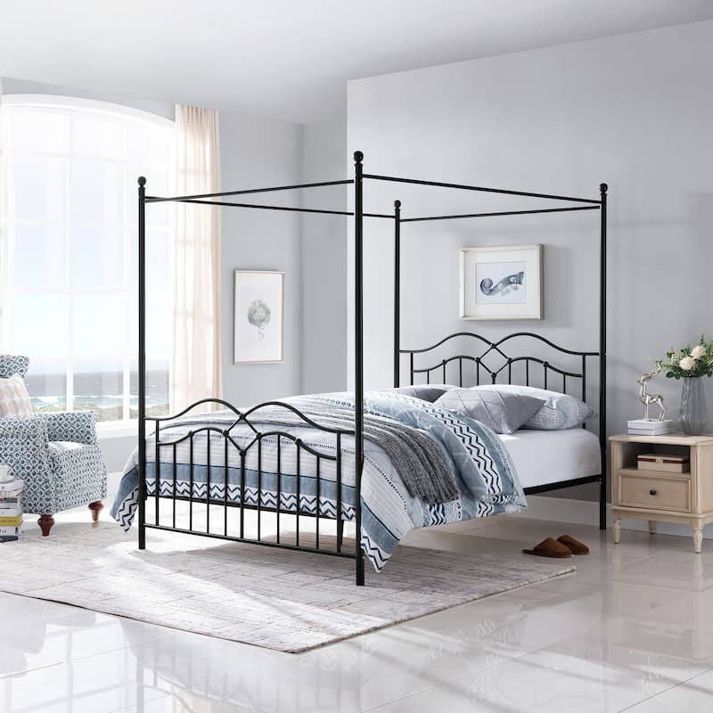 Christopher Knight Home - Voss Queen Iron Canopy Bed Frame with Four-Post Canopy Design