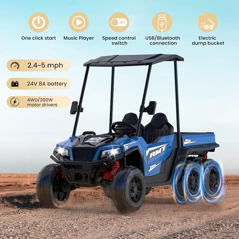EROMMY 24V 2-Seater Ride-On Dump Truck with Remote Control, 4WD, Music & Auto Dump Bed.