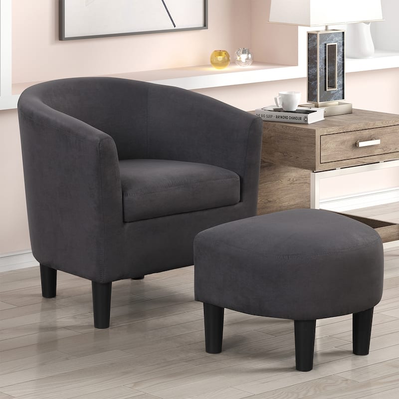 Classic Barrel Accent Chair Upholstered in Soft Polyester Fabric Footrest included - Grey