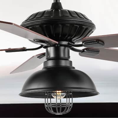 Ashton 52" 1-Light Farmhouse Industrial Iron Dome Shade LED Ceiling Fan With Remote, Black by JONATHAN Y