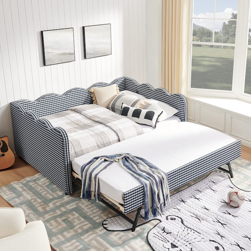 Full Size Gingham Daybed with Twin Trundle, USB Port, Wave Shaped Design & Linen Fabric - No Box Spring Needed