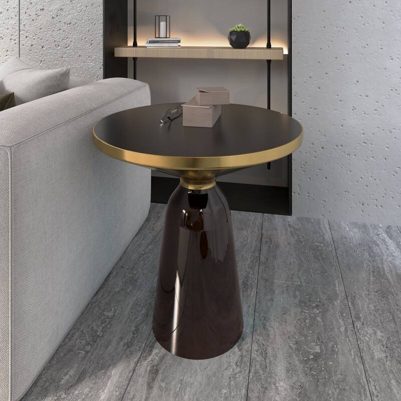 19-Inch Side Table Round Glass/Stone Tabletop End Table with Gold Iron Rim and Glass Base