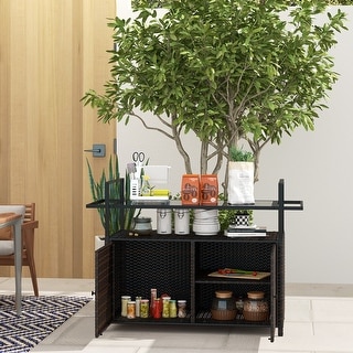 Outsunny PE Rattan Outdoor Bar Table, Outdoor Kitchen Island with