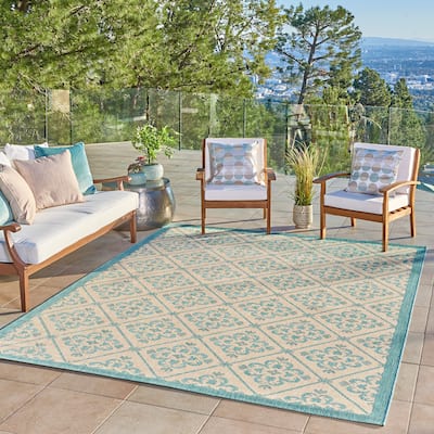 Gertmenian Paseo Bran Transitional Aqua Blue Medallion Flatweave Indoor/ Outdoor Area Rug