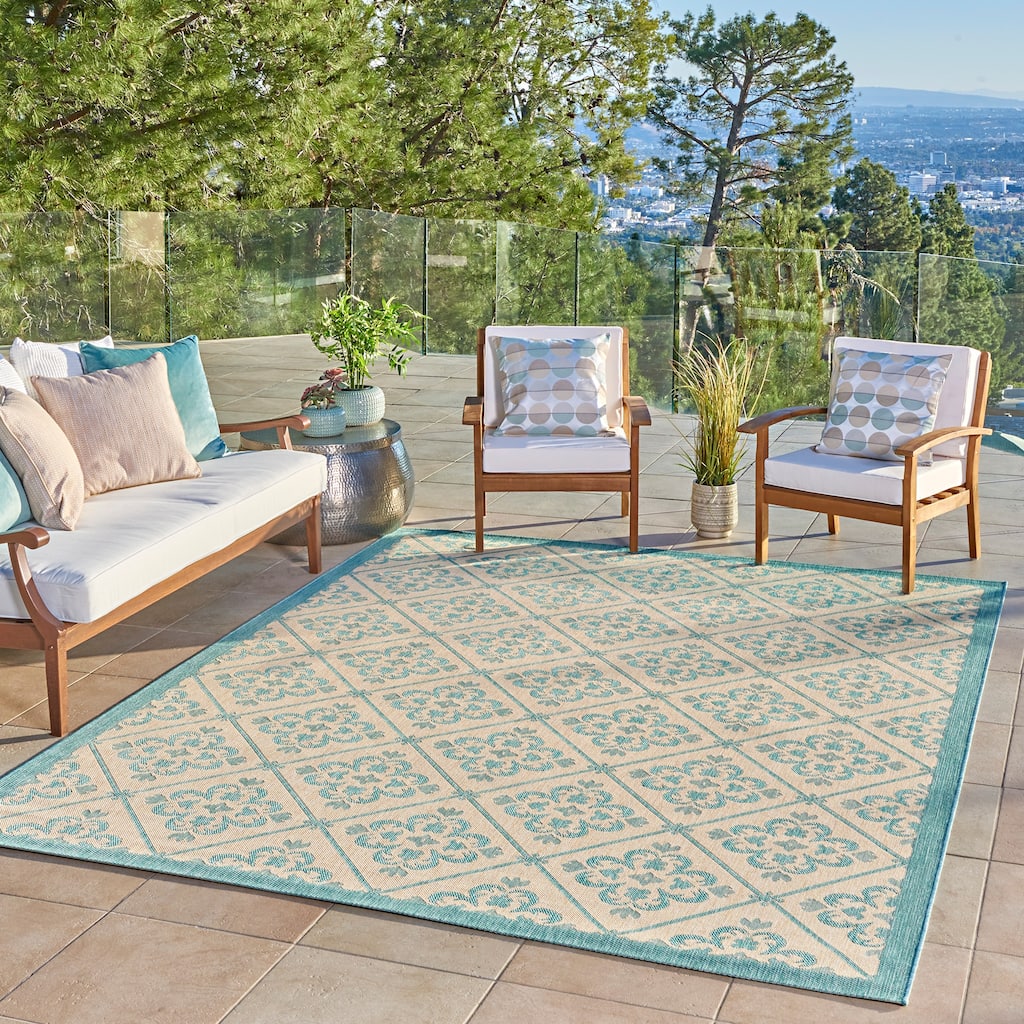 Gertmenian Paseo Bran Transitional Aqua Blue Medallion Flatweave Indoor/ Outdoor Area Rug