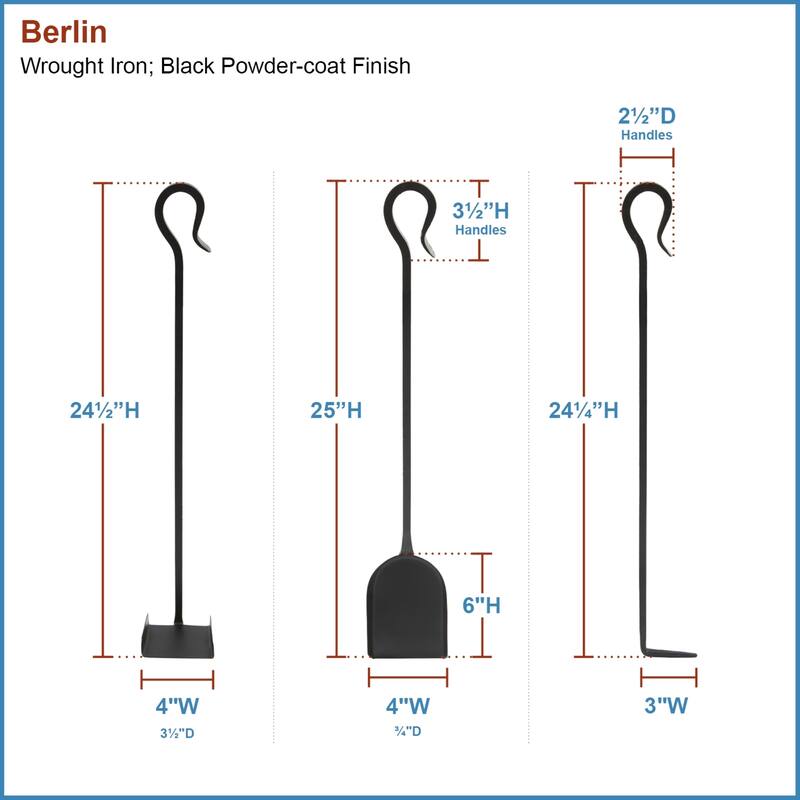 Achla Designs Berlin Fireplace Set of 3 Tools, 33 Inch Tall, Black Finish