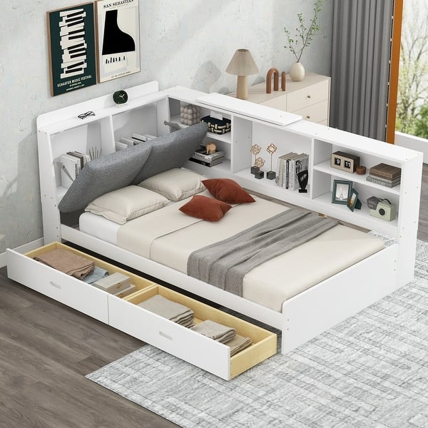 slide 2 of 25, Wood Twin Size platform bed with Storage Headboard, Shelves and 2 Drawers White