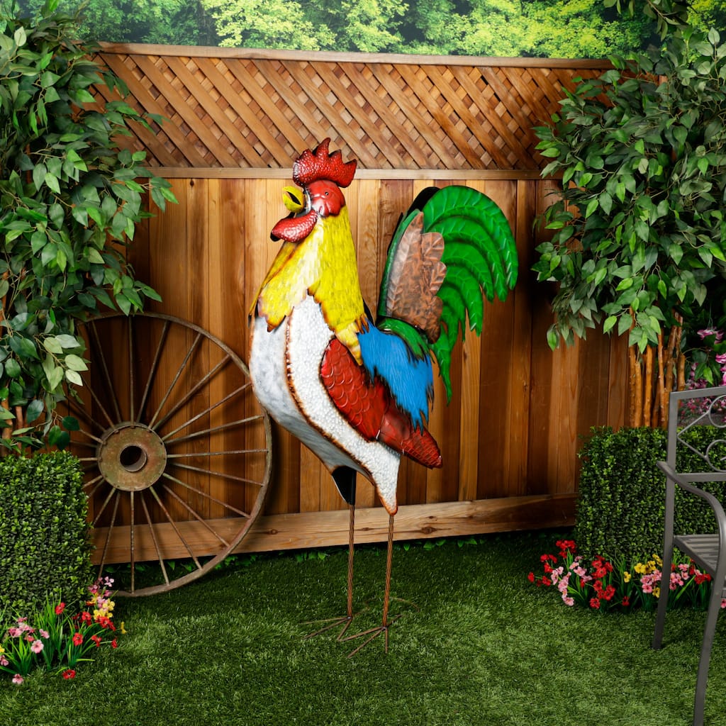 Alpine Corporation JUM290 Multi-Color Metal Jumbo Rooster Decor, Garden or Patio Iron Bird Statue, 63"H, Multicolor