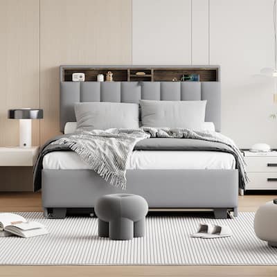 Full Size Upholstered Platform Bed with Storage Headboard, Twin Size Trundle & 2 drawers and USB Ports, Linen Fabric, Gray