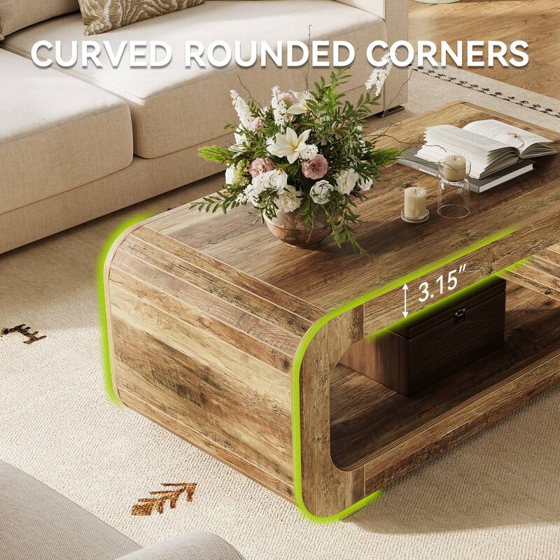 47" Rustic Curved Wood Coffee Table with Open Shelf, 2-Tier Rectangular Center Table for Living Room