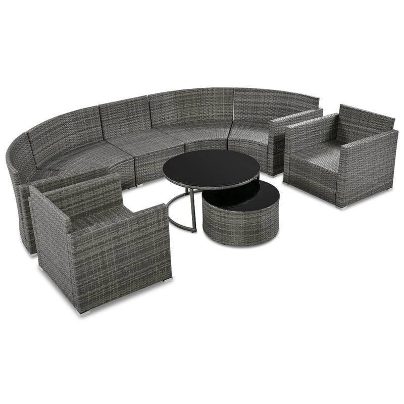 9-Piece Outdoor Half-Moon Patio Sofa Set, Wicker Sectional Sofa with Nesting Coffee Table, Rattan Conversation Set