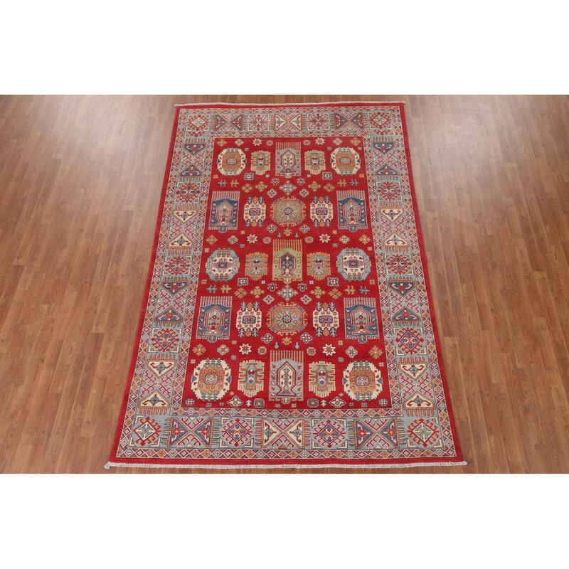 Hand Knotted Oriental 100% Wool Carpet Traditional Geometric Red Kazak Area Rug - 9' 8'' X 6' 4''