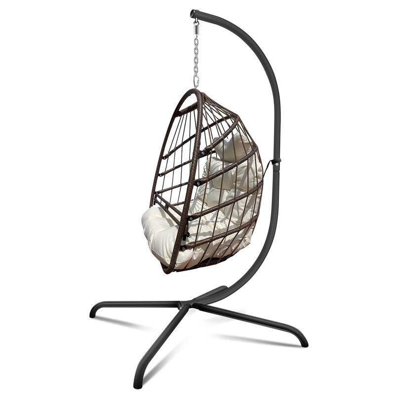 43 in. W x 43 in. D x 77 in. H 1-Person Metal Patio Basket Hanging Swing with Brown Cushions
