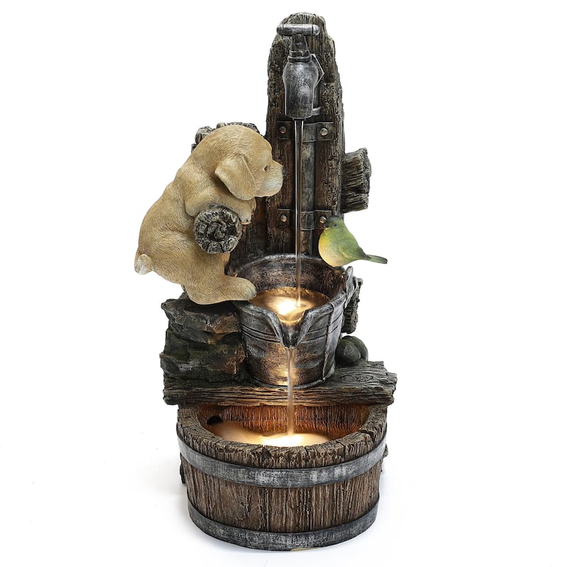 Puppy at the Farmhouse Faucet Resin Outdoor Fountain with Lights