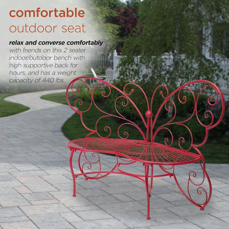 Alpine Corporation 62" x 26" Outdoor 2 Person Metal Butterfly Shaped Garden Bench