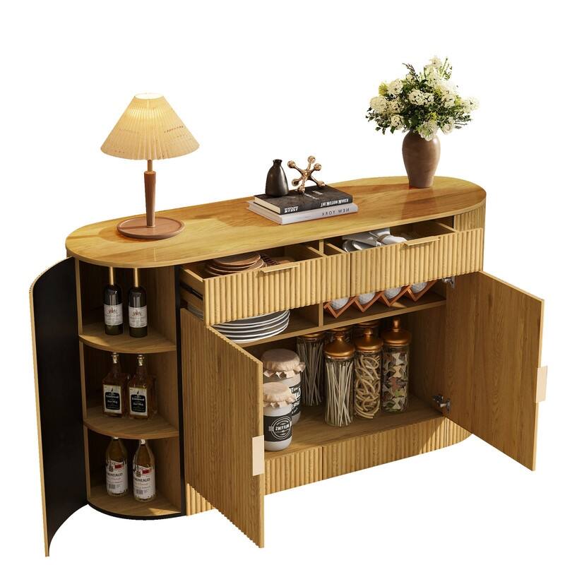Modern 55.1" Sideboard Buffet Cabinet with 2 Curved Side Door and 2 Drawers for Living Room and Dining Area