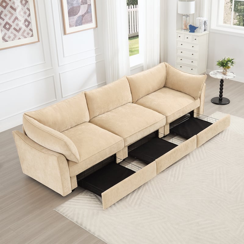 Rossetta 3-Seater Crescent Armrests Sofa with Pull-Out Storage Drawers and Wraparound Cushions in Classic Color Chenille