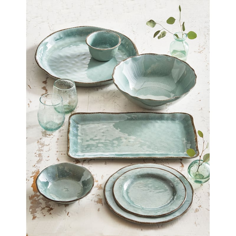 17L in. x 11W in. Veranda Cracked Glaze Solid Wavy Edge Melamine Serving Platter Indoor Outdoor Rectangle Slate Blue