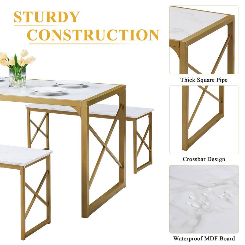 44.3" Dining Table with Benches Kitchen Table set for 4 Rectangular Dining Room Table Set with 2 Metal Wood Benches