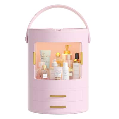 Pink Makeup Organizer Bathroom Medicine Organizer Cosmetic Display Cases with Led Mirror for Dresser, Vanity Countertop