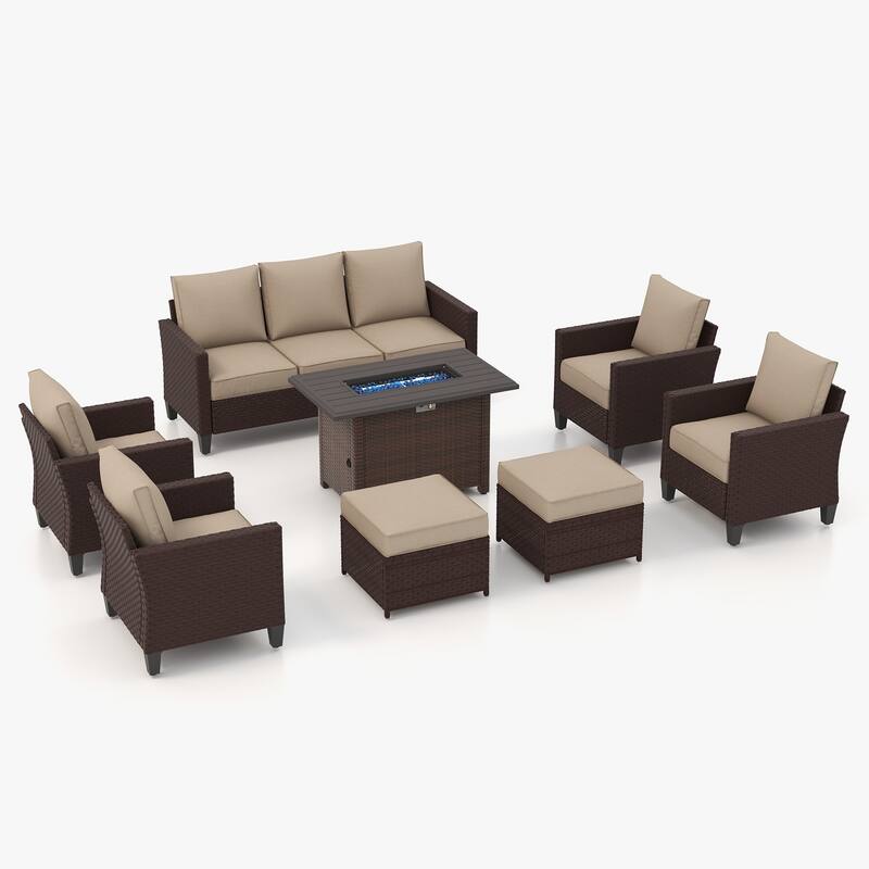 Patio 8-piece Wicker Sectional Sofa Set with Fire Pit