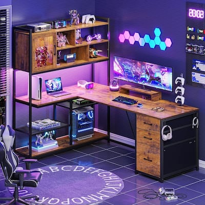 L Shaped Computer Desk 58'' Office Desk with 3 Drawers and Bookshelf