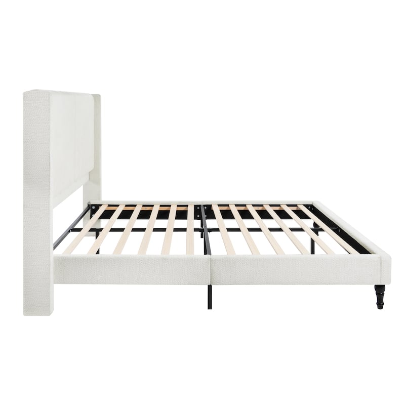 Queen Size Upholstered Bed Frame with High Back Headboard, Boucle Fabric, Solid Wood Legs, No Box Spring Needed