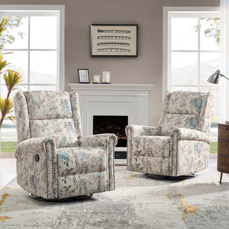 Leopold Transitional Floral Print Manual Swivel Rocking Recliner with Nailhead Trims Set of 2 by HULALA HOME - BIRD